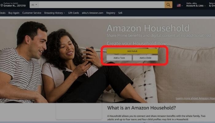 add adult,add a teen, add a child on amazon prime options