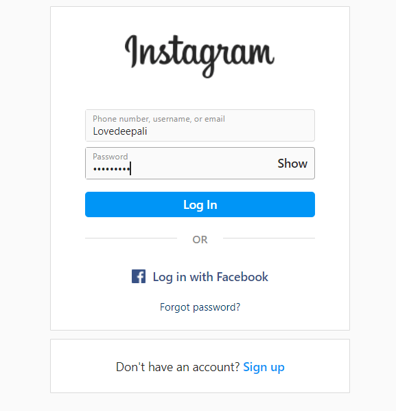Instagram login page