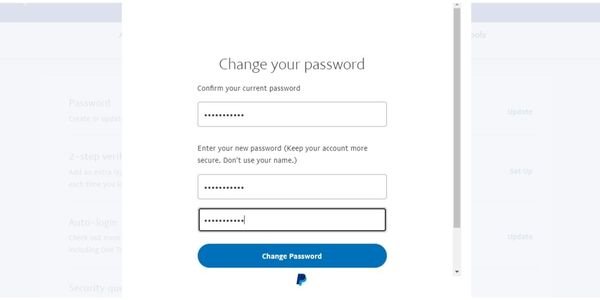 change password on paypal