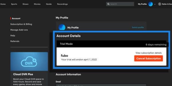 fubotv free trial account details