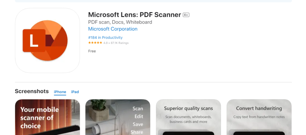 Microsoft Lens |PDF Scan Free iPhone Apps For Students